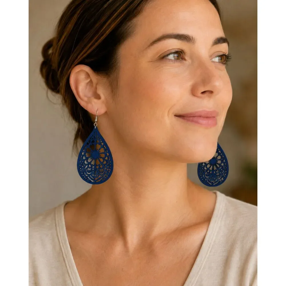 # OOAK Hand-Assembled Blue Wood Filigree Earrings Floral Teardrop Boho Statement